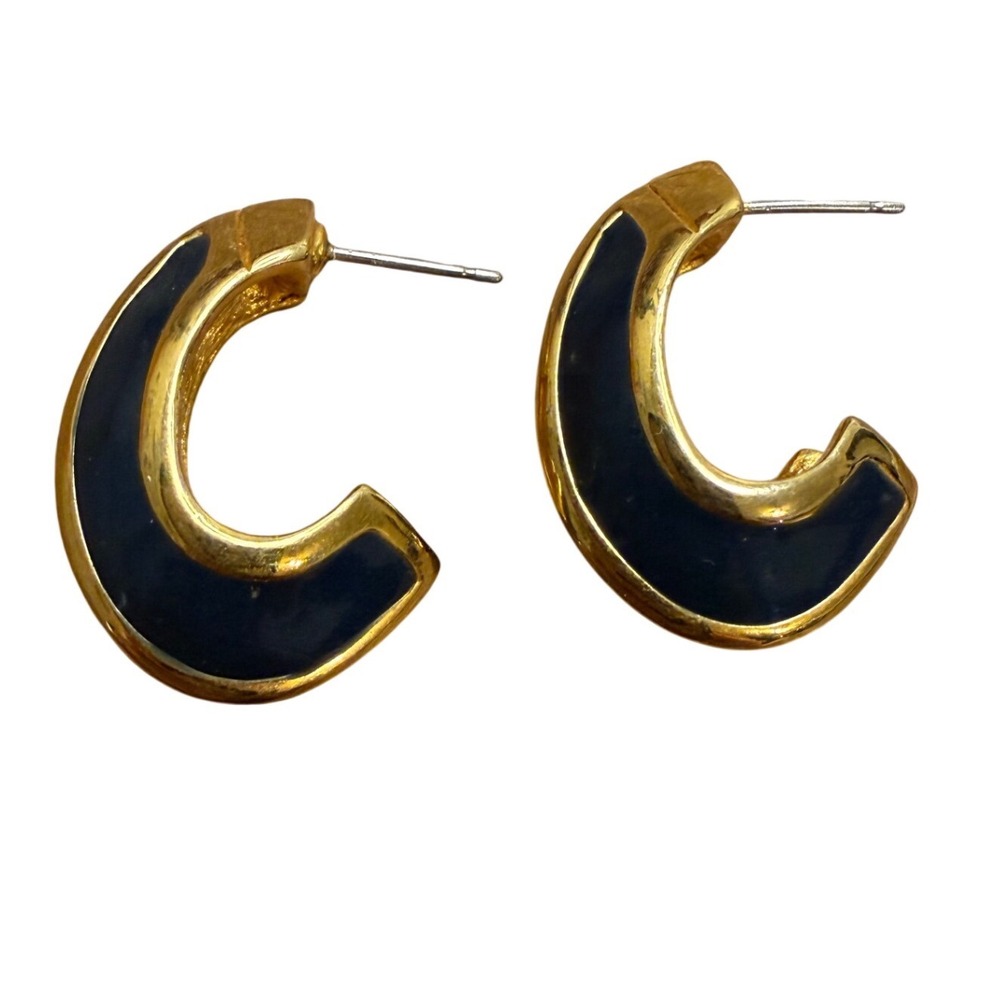 Napier Vintage Gold Tone Navy Blue Enamel J Hoop Earrings Post Back Tapered Bold